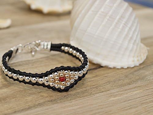 Black Leather Chunky Statement Evil Eye Bracelet with Sterling Silver Beads, Handmade Stackable Wrist Jewelry for Women