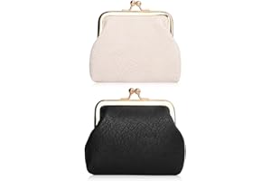 Oyachic 2 Packs Leather Coin Purse PU Car Change Holder Kiss lock Change Pouch with Clasp Vintage Wallets Small Money Bag For Men & Women (black+beige)