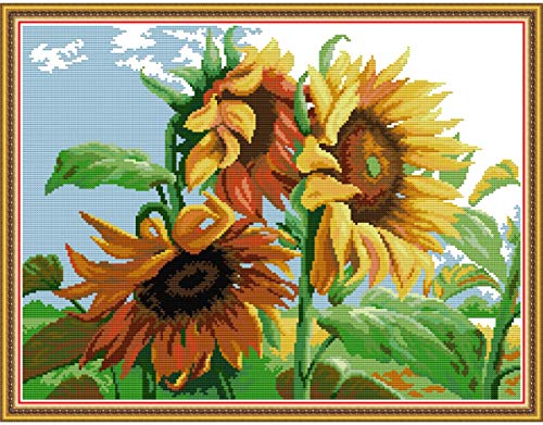 Cross Stitch Stamped Kits Cross-Stitching Starter Sunflower in The Wind Patterns for Beginner Kids or Adults, Embroidery Kits