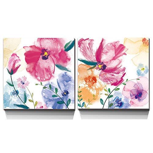 3Hdeko - Bathroom Wall Decor Pink Purple Yellow Flower Canvas Art Colorful Abstract Floral Painting for Bedroom Living Room, 2 Piece Watercolor Poppy Picture Prints, Framed, 12x12inchx2pcs