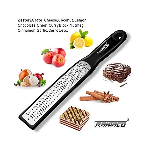Lemon-Zester-Raniaco-Cheese-Grater-Zester-for-Kitchen-Ginger-Garlic-Nutmeg-Citrus-Garlic-Orange-Chocolate-Vegetables-Fruits-Razor-Sharp-Stainless-Steel-Blade-Protective-Cover-Black Lemon Zester Graters, Raniaco Cheese Grater Zester for Kitchen Ginger Garlic Nutmeg Citrus Garlic Orange Chocolate…