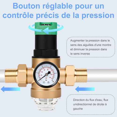 Diealles Shine 3/4" Water Pressure Reducer Pressure Regulator with Pressure Gauge and Sieve Filter Pressure Reducing Valve Brass Pressure Regulator for Homes Buildings