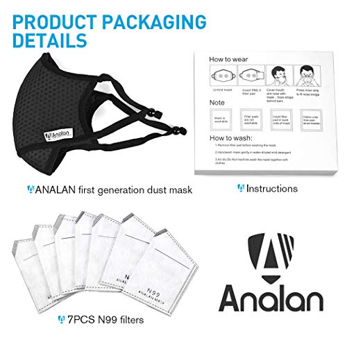 ANALAN Dust Mask Anti Air Pollution Mask N99 Washable Reusable Mouth Masks for Allergies Smoke Protection Fire Face Flu Pollen with 7Pcs N99 Mask Filterï¼ˆBlack Knight)