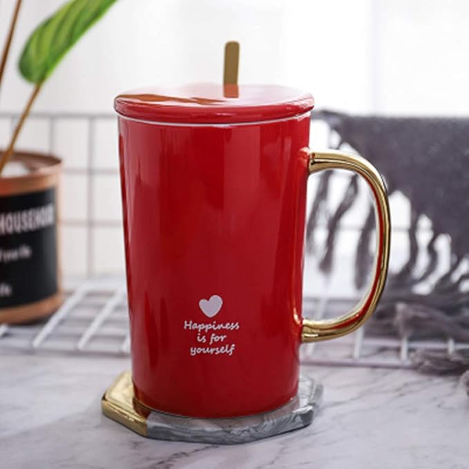 Mug with Lid, GoldPlated LargeCapacity Ceramic Cup Korean with Lid