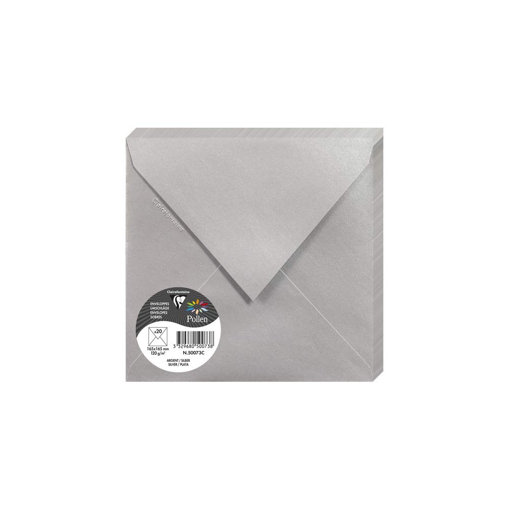 Clairefontaine 50073C Silver Iridescent Paper Pack of 20 Gummed Envelopes Square (16.5x16.5cm) 120gsm Invitation Correspondence Pollen Range Premium Smooth