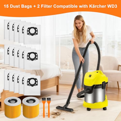 15 Pieces for Kärcher KFI 357 Vacuum Cleaner Bags +2 Filters +2 Filter Brushes Replacement for Kärcher WD2 Plus, WD2, WD3, SE4002, SE4001 KWD1-3 WD3.200, 2.863-314.0