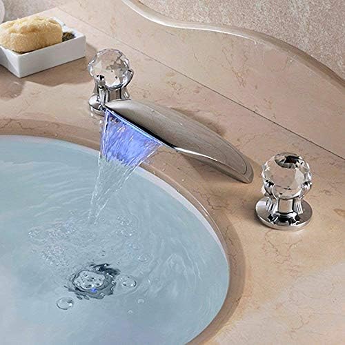 Luxury High-End LED Waterfall-Shaped Water Outlet Basin Faucet; European-Style Hot And Cold Water Mixing Valve Basin Bathtub Faucet Three-Piece Faucet Hotel Apartment Material Brass M1238CL
