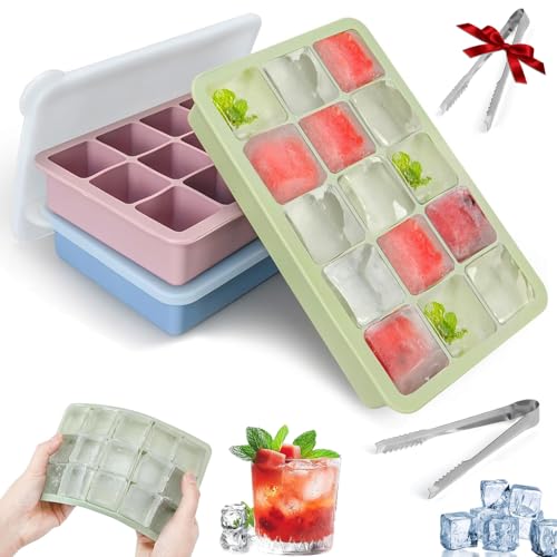 3 PCS Moldes para Cubitos de Hielo con Tapa,Molde de silicona para cubitos de hielo,Bandejas Para Cubitos de Hielo,Bandejas de Silicona Reutilizables con Diseño Presionado (15 rejilla)
