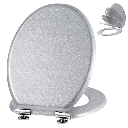 Angel Shield Glitter Toilet Seat Molded Wood Toilet Seat, Quiet Close with Quick Release Adjustable Hinges 45x37cm Oval, Fits EU Bottom-Mount Toilets (Silver Glitter)