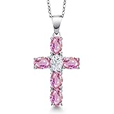 Gem Stone King 925 Sterling Silver Pink Sapphire and White Moissanite Cross Pendant Necklace for Women | 3.50 Cttw | Gemstone September Birthstone | Oval 6X4MM | With 18 Inch Chain