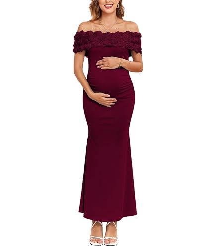 Ruffle Off Shoulder Long Sleeve Bodycon Baby Shower Maternity Midi Dress at Amazon Women's Clothing store