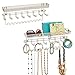 mDesign Decorative Metal Closet Wall Mount Jewelry Accessory Organizer for Storage of Necklaces, Bracelets, Rings, Earrings, Sunglasses, Wallets - 8 Large /11 Small Hooks, 1 Basket - 2 Pack - Satin