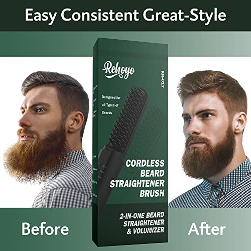 Beard Straightener Brush, REHOYO Cordless Straightening Comb with Different 3 Temperature, Rechargeable Anti-Scald and Auto-Off of Portable Salon for All Type