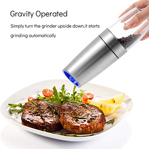 Electric Gravity Pepper Grinder Set, Automatic One-Hand Operated Salt And Pepper Grinder Set, Adjustable Coarseness Refillable Salt Grinders With LED Light(Set of 2), Silver