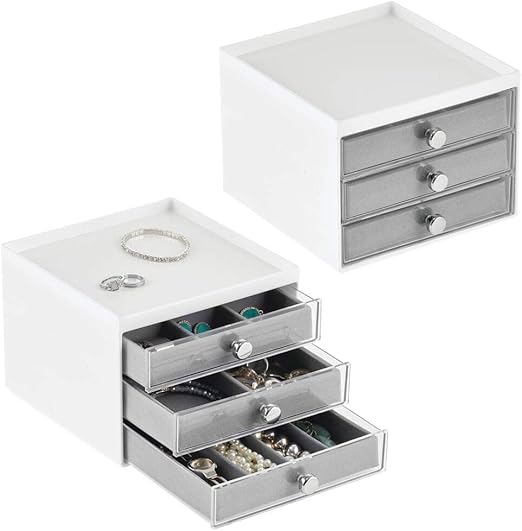 Amazon Com Mdesign Plastic Small 3 Drawer Jewelry Organizer Box For Storage On Dresser Vanity Countertop Holds Earrings Bracelets Necklaces Bangles Rings 2 Pack White Gray Home Kitchen