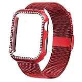 INTENY Compatible for Apple Watch Band 42MM with Bling Screen Protector, Women Stainless Steel Mesh Strap with Protective Crystal Diamond Case Compatible for iWatch Series 4/3/2/1 (Red, 42mm)