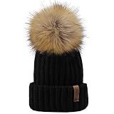 Kids Winter Knitted Pom Beanie Bobble Hat Faux Fur Ball Pom Pom Cap Unisex Kids Beanie Hat,Black,One Size