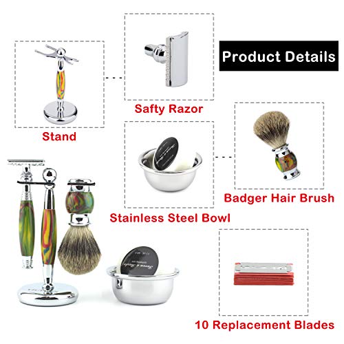 VICYUNS Luxury Grooming Shaving Set for Men Including Double-sided Razor, Allergy Shaving Soap, Stainless Steel Mirror Bowl, Hair Shaving Brush,10 Replacement Blades (Colorful)