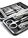 HBY Stainless Steel New Grooming Set Kit, 12pcs Precise Ergonomic Different Tools, Nails Clippers, Tweezer, Blackhead & Blemish Remover, with a Brown PU Leather Case for the Tools
