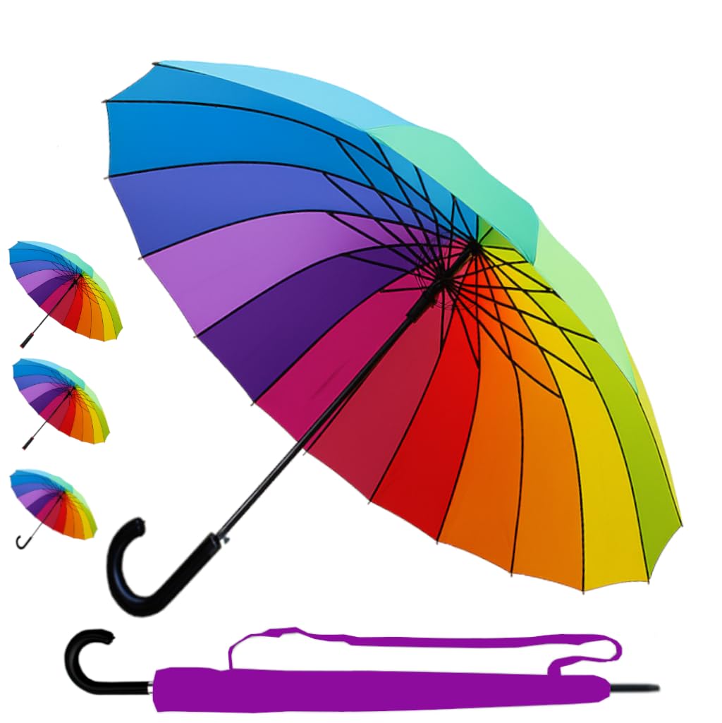 Windproof Strong Umbrella 60MPH - 16 Ribs For Super-Strength - Best Triple Layer Reinforced Frame with Fiberglass - Rainproof Straight Auto Open Rainbow Men Women - Curved Hook Handle - Medium Canopy