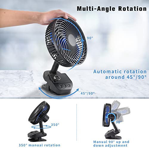 ATEngeus USB Clip Fan, 10000 mAh Rechargeable Battery Fan, 5 Speeds Camping Fan, Multi-Angle Rotation, Timer with Clip and Hook for Baby Stroller, Office