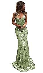 POMUYOO Women's Sage Green Sequin Lace Prom Dress