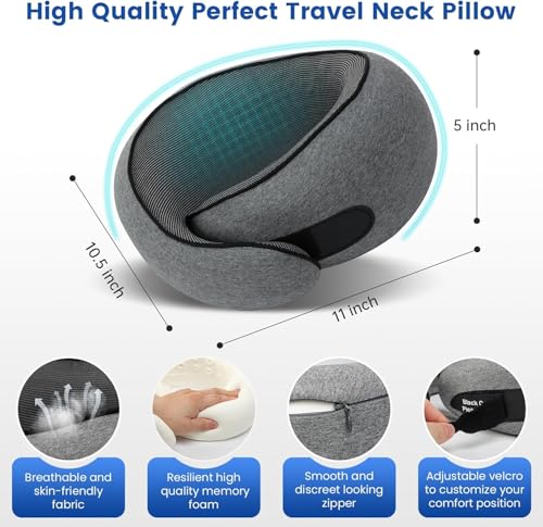 Aeroplane Neck Pillow, Support Neck Travel Pillow, Includes Storage Bag, Eye Mask, Ear Plugs, Removable Cover, Travel Pillow for Plane, Train, Car & Business Trips, Large, Dark Grey
