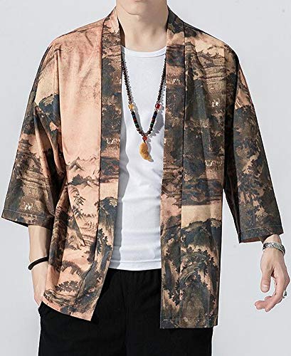 Hotmiss Men's Kimono Cardigan Jacket Japanese Style Flying Crane Seven Sleeves Open Front Coat (Yellow, X-Large)