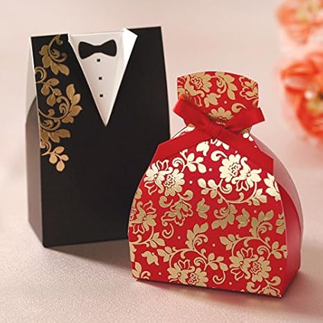 Amazon Com Joinwin 100x Black Red Wedding Favor Boxes Bride And Groom Floral Gown Tuxedo Gift Box Candy Box Kitchen Dining