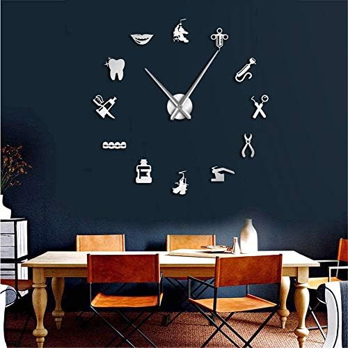 Knncch 27Inch Silver Dentist Diy Giant Wall Clock Dental Doctor Oversized Wall Clock Big Needle Mirror Dentist Office Decor Dentist Gift Doctor Art
