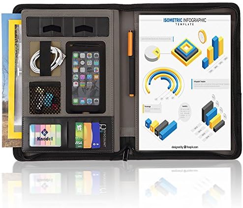 Knodel Zippered Portfolio, Professional Business Binder, Resume and Interview Document Organizer, PU Leather Padfolio with 10.1-inch Tablet Sleeve and Writing Pad (Black)