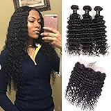 Brazilian Virgin Deep Wave Hair Bundles With Frontal 9A Grade 100% Unprocessed Deep Curly Human hair 3 Bundles With 13X4 Lace Frontal Closure Free Part (18 20 22+16frontal)