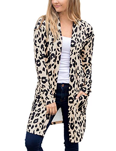 ANRABESS Women Long Sleeve Open Front Leopard Knit Long Cardigan Casual Print Knitted Sweater Coat Outwear with Pockets Mise-S BYF59 Beige