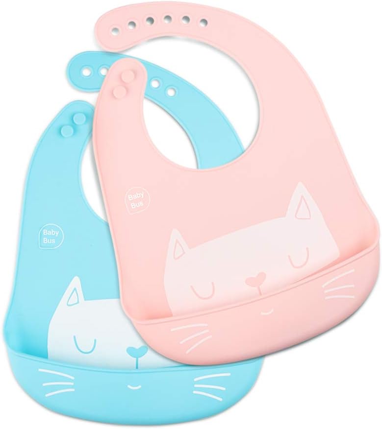 BabyBus Silicone Bib (Pink & Pink Blue) - Waterproof, BPA Free, Soft, Convenient. With 6 adjustable holes