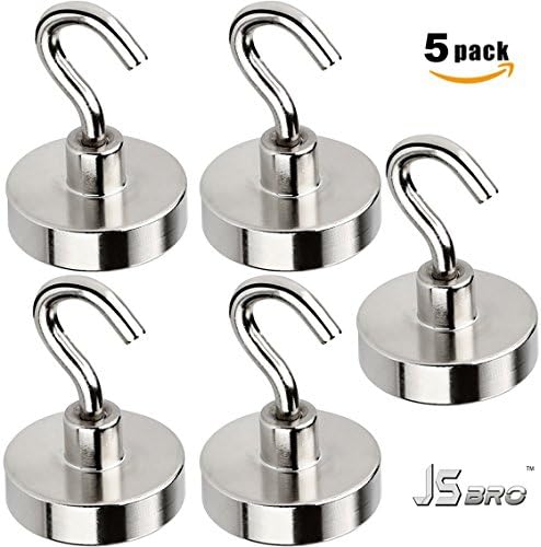 JSbro Strong Neodymium Heavy Duty Magnetic Silver Hooks set of 5 40 lbs. ea. Vertically multi-purpose