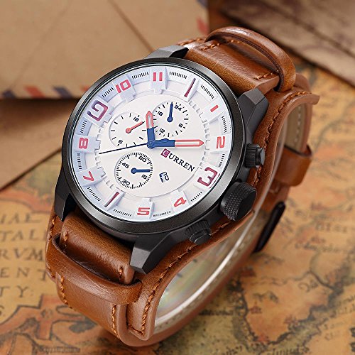 Curren los hombres de moda militar Classic correa de piel reloj, calendario, la fecha Display (blanco) - Imagen 6