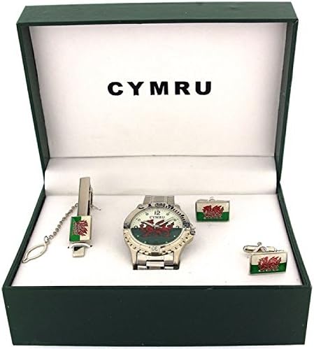 Boxx Wales Welsh Flag CYMRU Metal Bracelet Watch Blue Cufflinks Mens Gift Set
