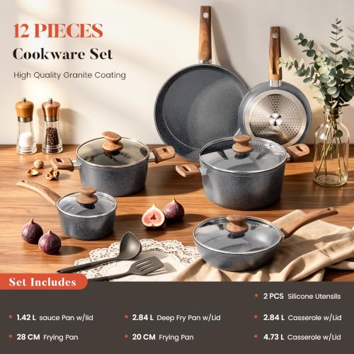 Kitchen Academy 12-Piece Set Frying Pan and Saucepan Induction Battery Grey | Non-Stick Granite Cookware for All Hobs, 100% Healthy and PFOA and PFOS-Free, Easy to Clean