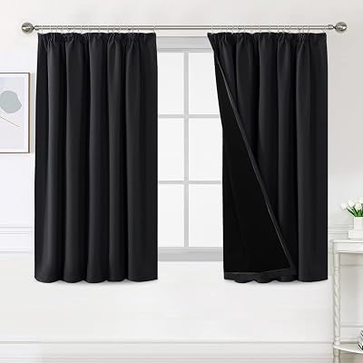 BellaHills 100% Blackout Curtains 2 Panels 46x54 Pencil Pleat Black Liner