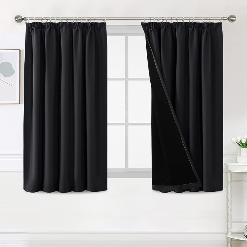 BellaHills 100% Blackout Curtains 2 Panels 46x54 Pencil Pleat Black Liner