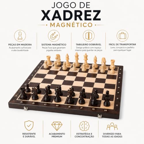 Jogo de Xadrez Magnético em Madeira Dobrável Premium 29cm | Tabuleiro Portátil com Armazenamento Interno | Peças Magnéticas | Jogo de Estratégia para Crianças e Adultos.