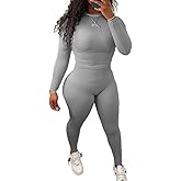 HBQ Women Two Piece Outfits Workout Sets Ribbed Casual Jogging Suits Long Sleeve Tracksuits,S,Grey Solid