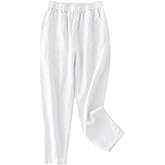 IXIMO Women's 100% Linen Capris Elastic Waist Tapered Cropped Pants with Pockets