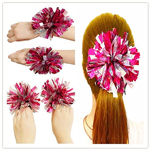 kuugear Set of 3, Wearable 2-Color 2" Metallic Pom Poms for Cheerleading, Team Spirit, Party Costume, Ponytail Holder, Holiday Celebration, and Decor - Holo Silver/Metallic Purple