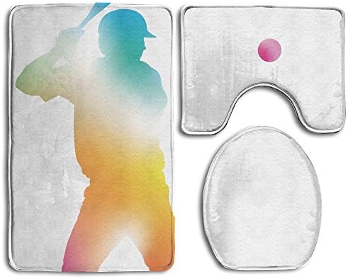 Hexu A Baseball Player Batter Softball Hitter Swinging Arms Bathroom Rug 3 Piece Bath Mat Set Contour Rug And Lid Cover