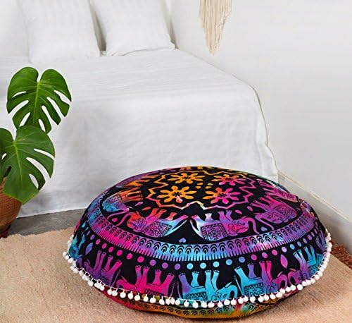 Popular Handicrafts Floor Pillow Cushion Cover - Hippie Elephant Mandala Cushion Cover Large Cotton - Pouf Cover Round Bohemian Yoga Decor, 32" Multicolor