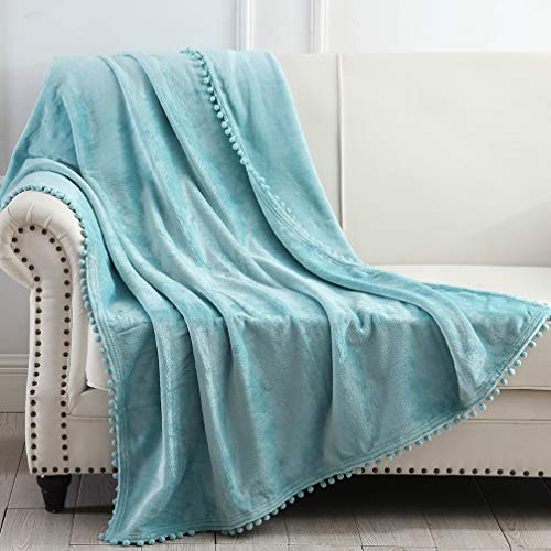 NordECO HOME Flannel Throw Blanket - Soft Cozy Warm Blanket with Pompom Fringe for Couch Bed Sofa Chair, 50" x 60", Teal Blue