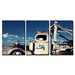 3 Piece Canvas Wall Art - Old Truck Out in The Field - Modern Home Art Stretched and Framed Ready to Hang - 16"x24"x3 Panels