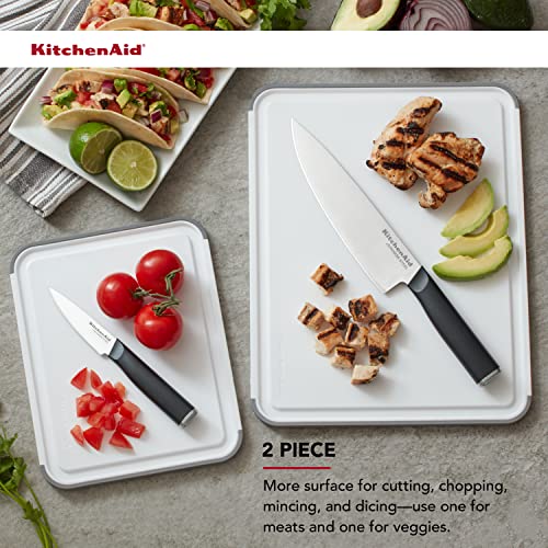 KitchenAid Classic Nonslip 2-Piece Plastic Cutting Board Set with Perimeter Trench and Non Slip Edges, 2-Piece Kitchen Chopping Boards, Dishwasher-Safe, White and Gray
