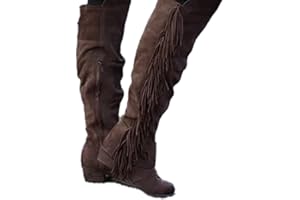 Bcshiye Women's Knee High Boots Casual Over The Knee Retro Tassel Moccasin Square Low Heel Zipper Western Long Booties